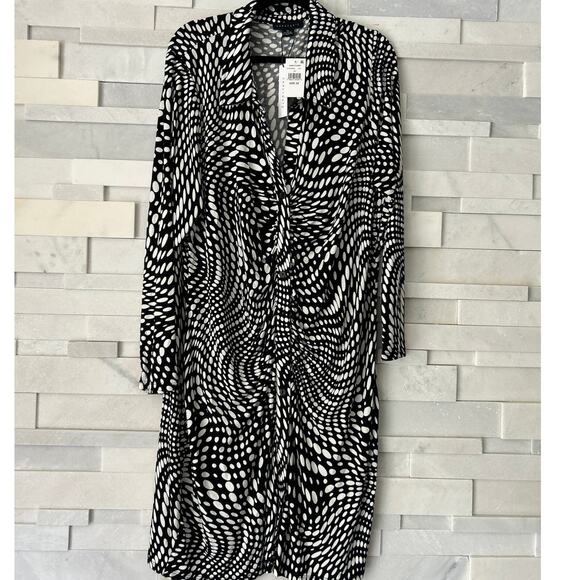 SANCTUARY Daydream Stretch Knit Black Whitev Geo Pattern Ruched Dress 3X NWT - Picture 2 of 6